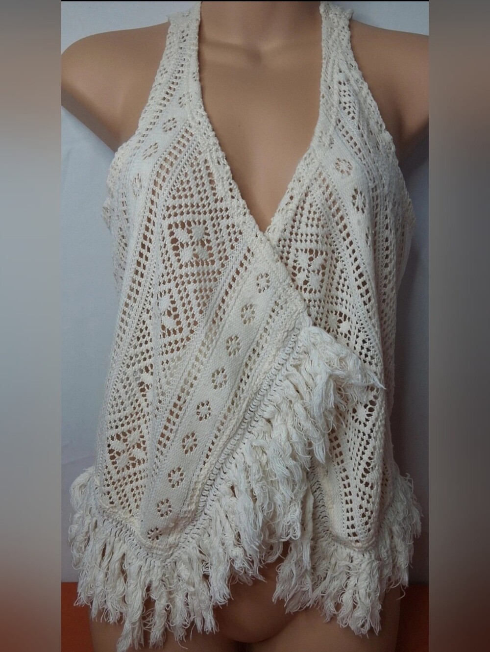 Beautees Youth Cream Crochet Boho Fringed Vest Med.